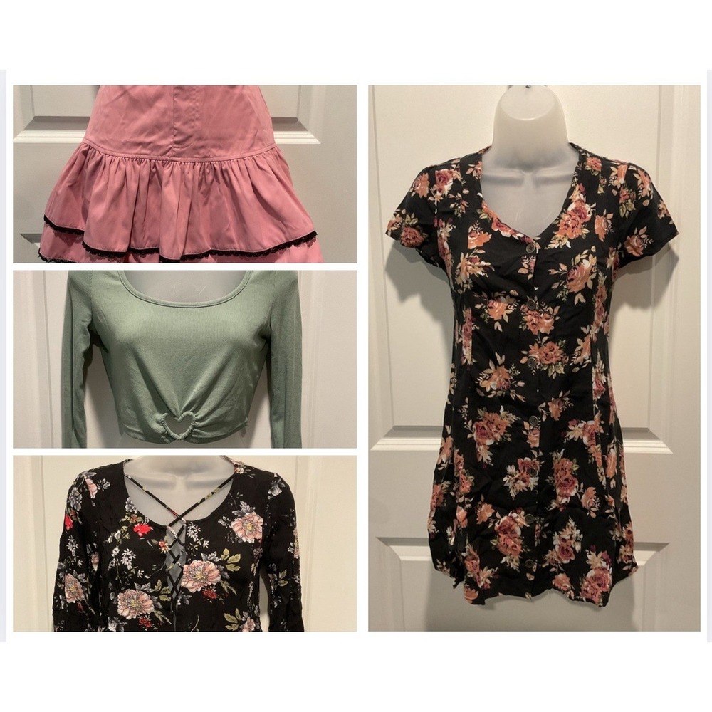 4pc Women Bundle Floral Dress XS Top Heart Crop Top Ruffle Mini Skirt